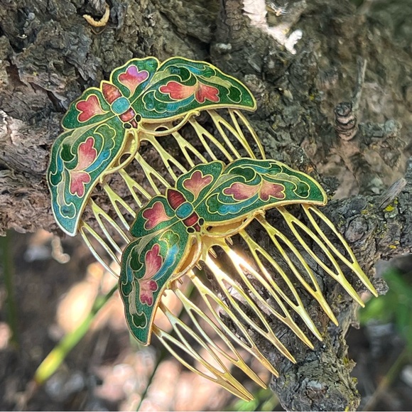 Vintage Cloisonné Butterfly Green Hair Comb Set - Picture 5 of 9